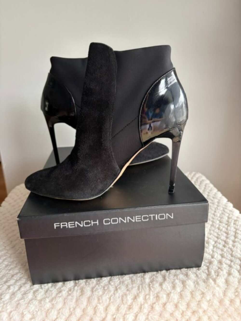 French Connection Black Mixed Media Stiletto Ankle Booties